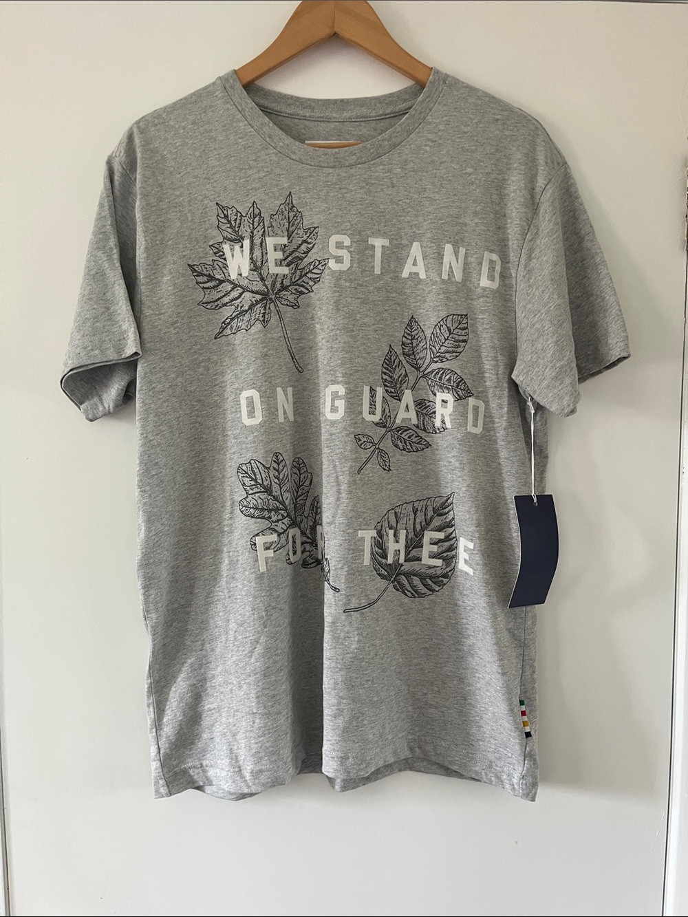 HBC Stripes Grey Short-Sleeve Tee with we Stand On Guard For Thee Leaf Graphic